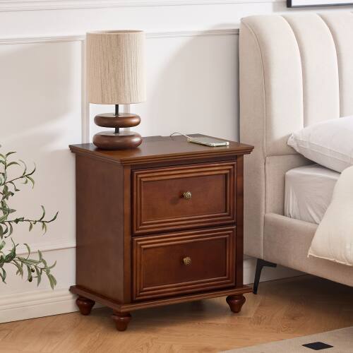 Angle. LUCKY ONE - 22.9" Mid Century Nightstand with Charging Station 2 Drawers USB - Walnut.