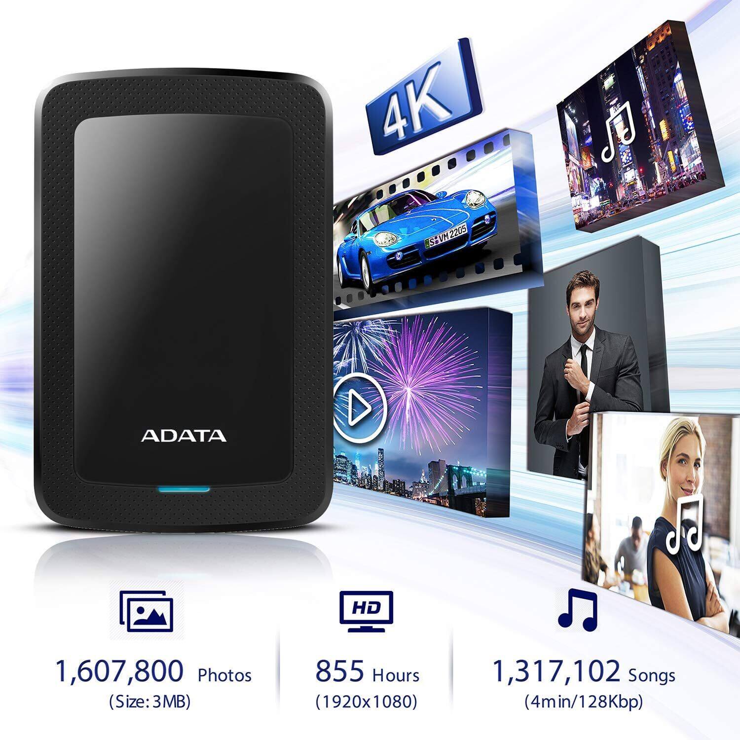 4K SAVM2205 VN 2205 USH ADATA HD  
1,607,800 Photos (Size: 3MB)  
855 Hours (1920x1080)  
1,317,102 Songs (4min/128Kbp)