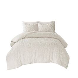 Gracie Mills - Ray 3-Piece Boho Chic Tufted Cotton Chenille Medallion Duvet Set - Off-White