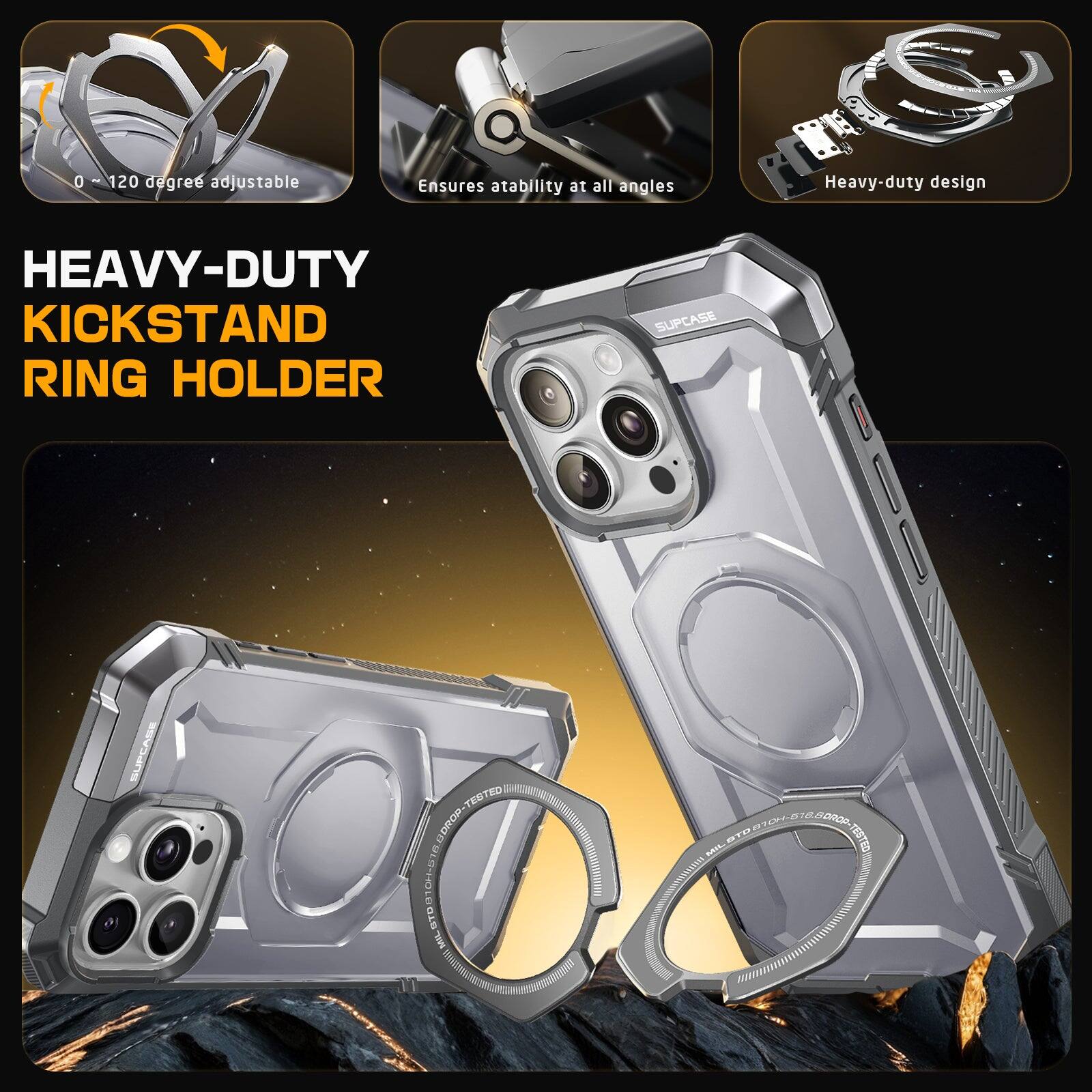 0 - 120 degree adjustable, Ensures stability at all angles, Heavy-duty design, Heavy-duty kickstand ring holder, Supcase ED TE DRA OH S70810H - STD ML TU TEHORO
