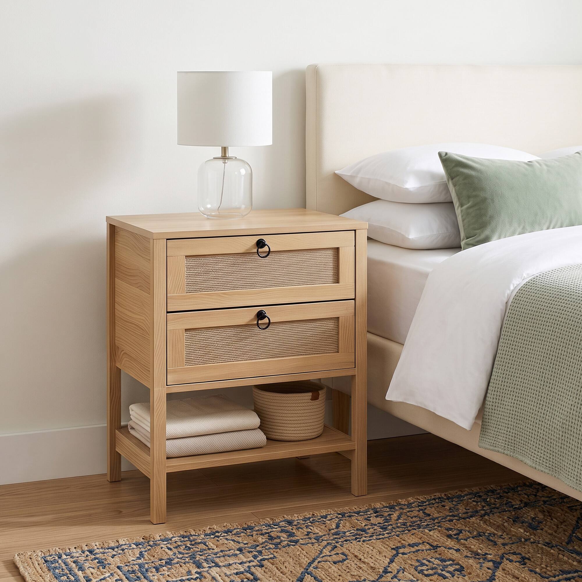 Alt View 4. WELLFOR - Boho Rattan Nightstand with 2 Drawers and Bottom Open Shelf - Natural.