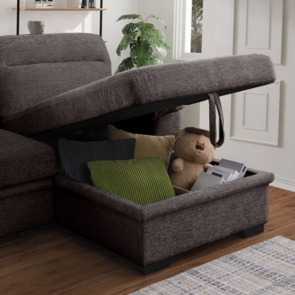 Left. LUCKY ONE - 94" Brown Chenille Sleeper Sectional Sofa with Right-Facing Storage Chaise, Pull-Out Bed, USB Console, Cupholders - Brown.