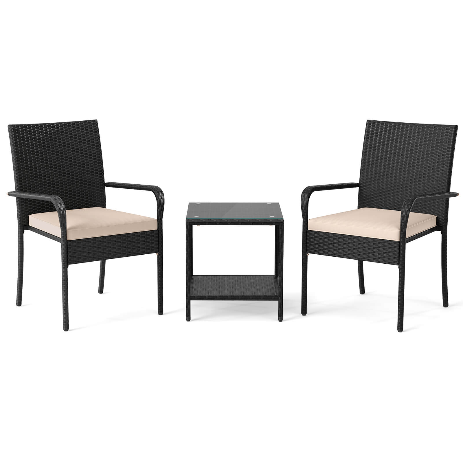 Alt View 9. Costway - Costway 3 PCS Patio Furniture Set with 2-Tier Table Tempered Glass Tabletop & Soft Cushions - Black & Brown.