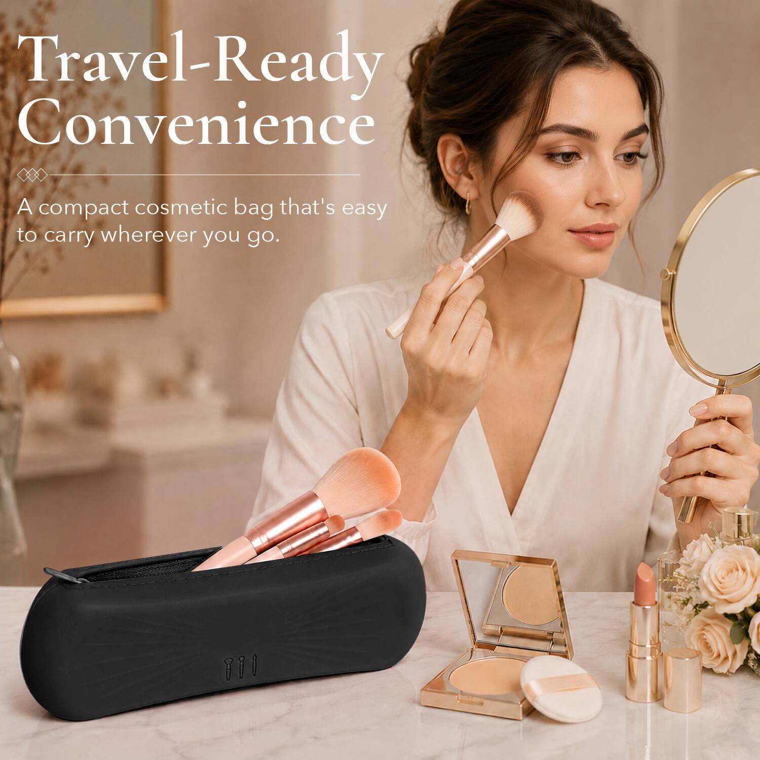 Travel-Ready Convenience  
A compact cosmetic bag that's easy to carry wherever you go.