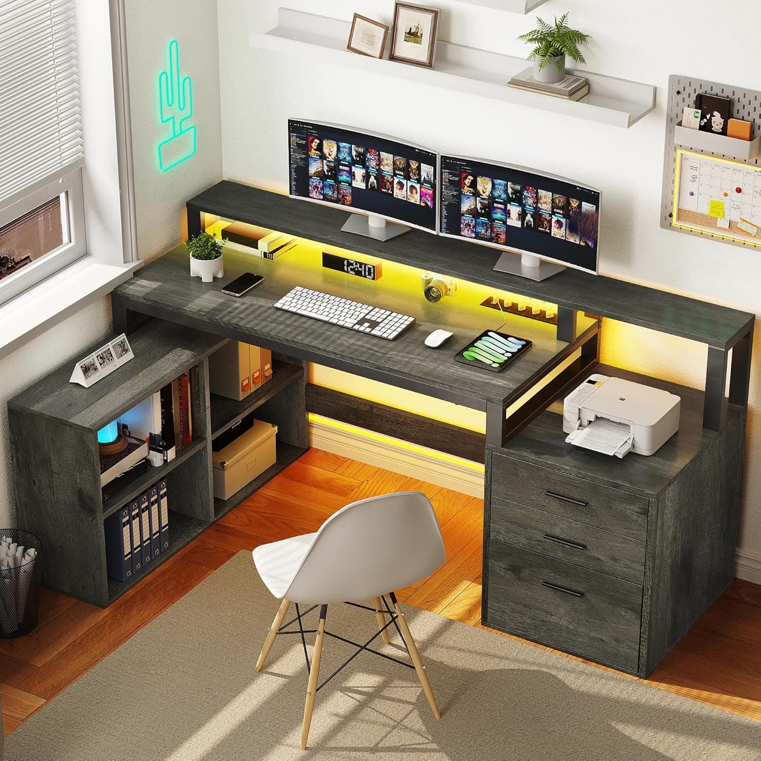 Zell Electronics - 65 Inch L-Shaped DeskDrawers, LED, Power Outlets, Shelves & Printer Stand for Corner Office - Grey