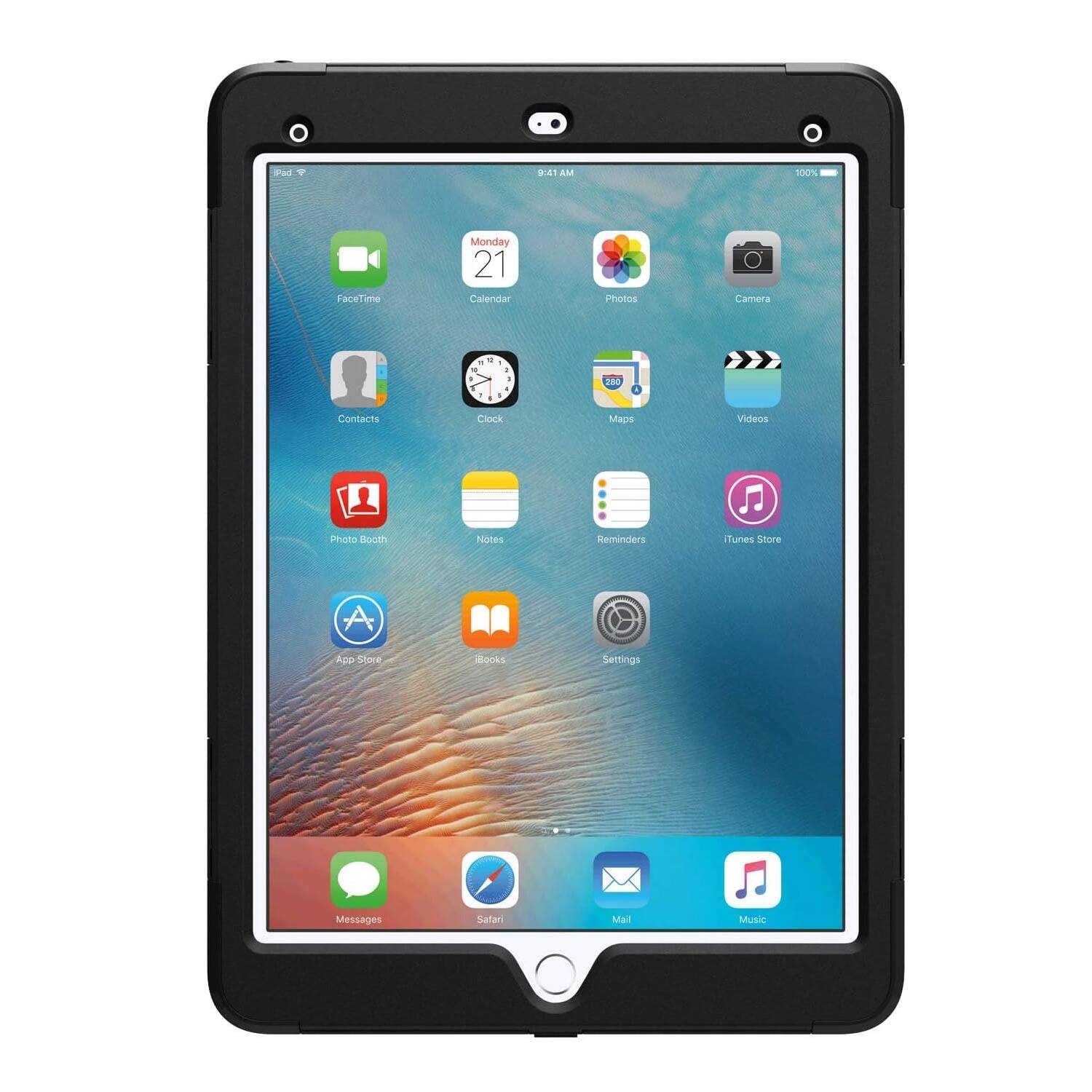 Sure, here is the corrected and grouped text from the image:

- FaceTime
- Calendar (Monday 21)
- Photos
- Camera
- Contacts
- Clock
- Maps
- Videos
- Notes
- Reminders
- iTunes Store
- App Store
- iBooks
- Settings
- Messages
- Safari
- Mail
- Music
- Photo Booth
- 100% (battery indicator)
- 9:21 AM (time)
- iPad (top left corner)