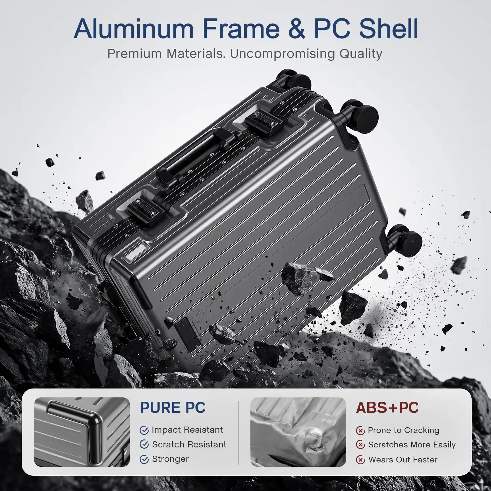 Aluminum Frame & PC Shell  
Premium Materials. Uncompromising Quality  

PURE PC  
- Impact Resistant  
- Scratch Resistant  
- Stronger  

ABS+PC  
- Prone to Cracking  
- Scratches More Easily  
- Wears Out Faster