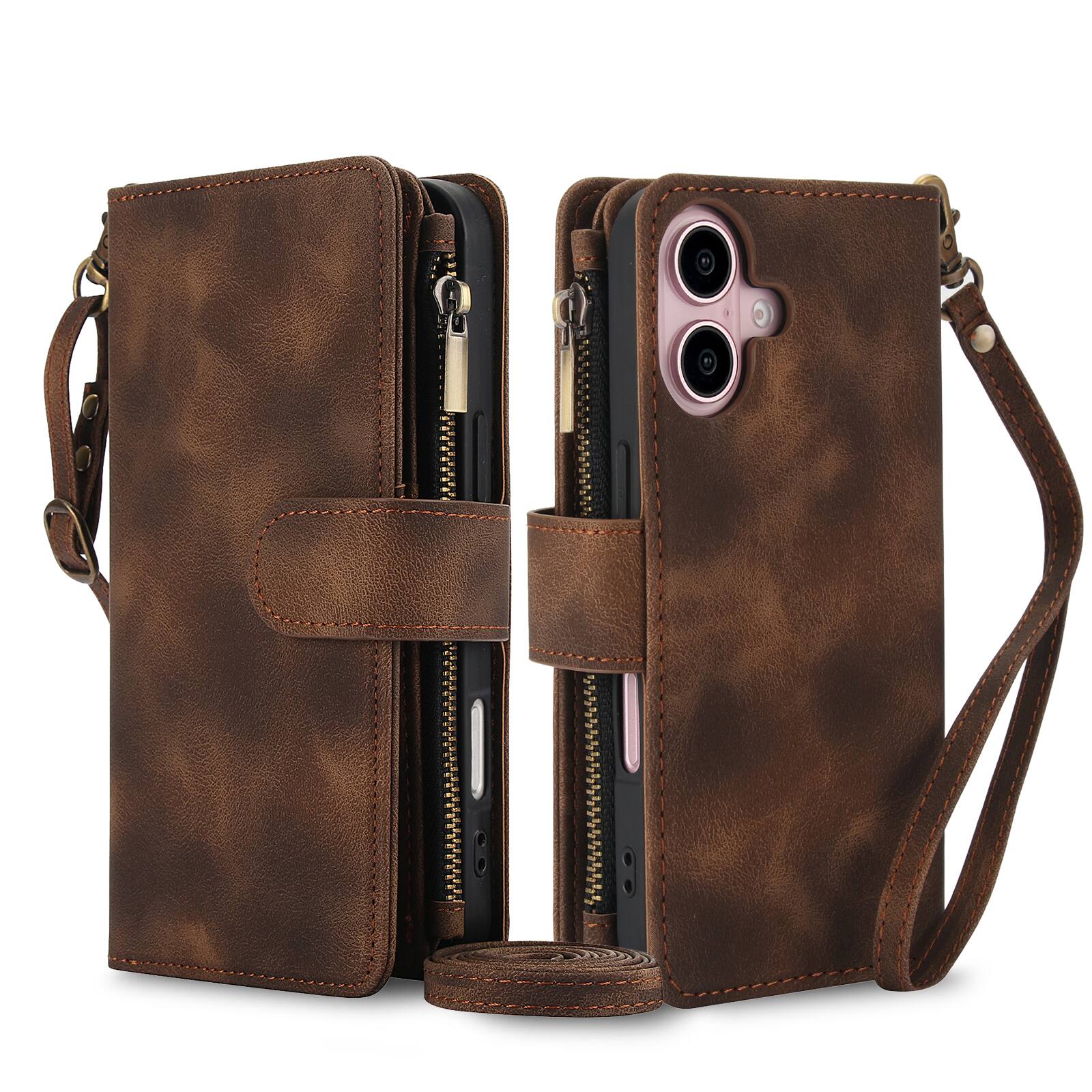 Front. Dteck - Dteck RFID Blocking Zipper Wallet Pocket 9 Cards For Apple iPhone 16 PU Leather Stand Crossbody Strap Cover - Brown.