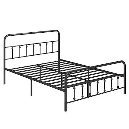 Front. LUCKY ONE - Queen Assembled Metal Bed Frame with Victorian Headboard Under Bed Storage - Black-Queen.