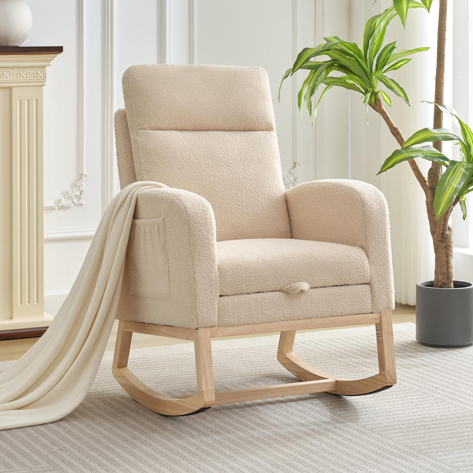 Babevy - Rocking Nursery Chair with Footrest, Upholstered Armchair with High Backrest, Wood Base, and Side Pocket for Mom - Beige