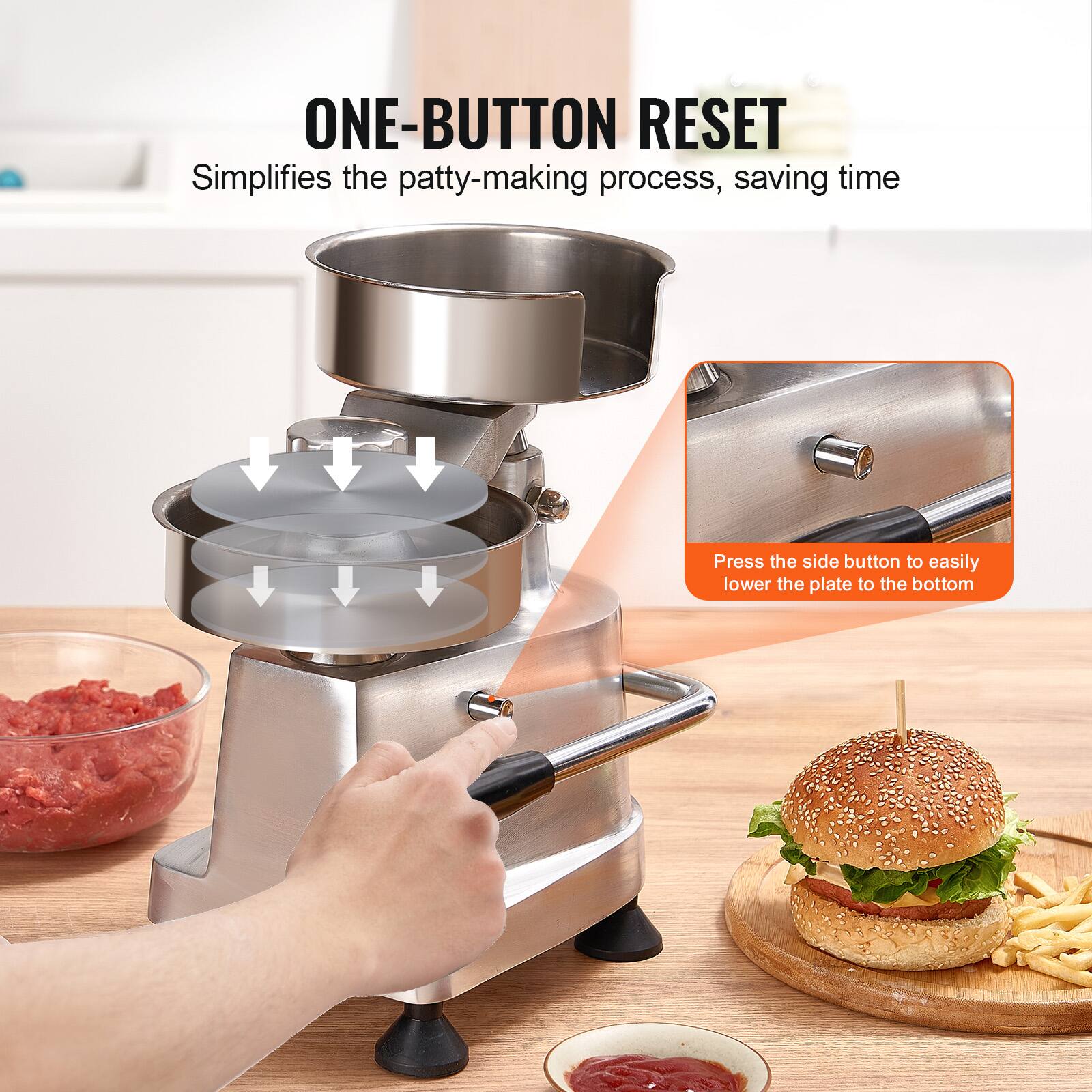 ONE-BUTTON RESET  
Simplifies the patty-making process, saving time  

Press the side button to easily lower the plate to the bottom