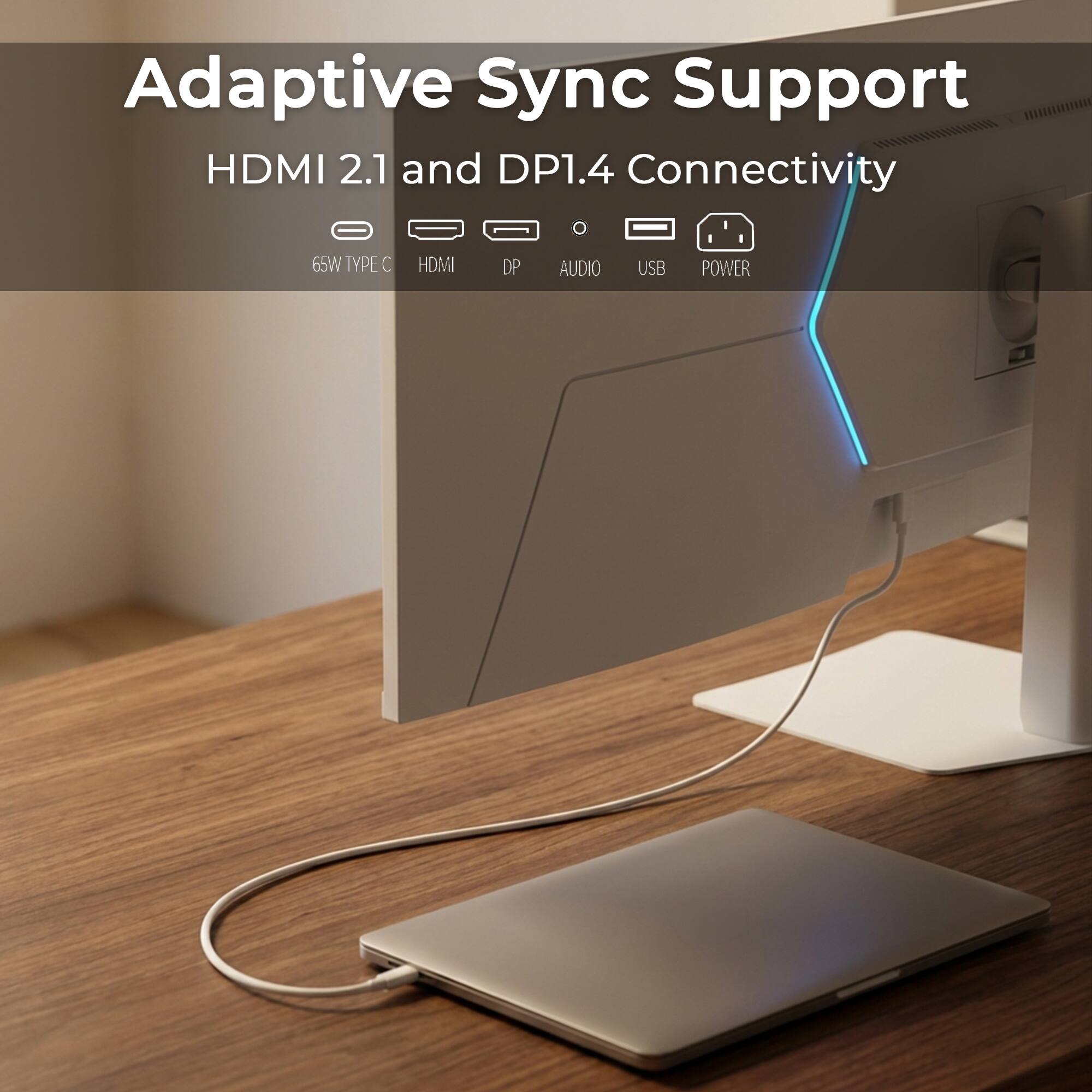 Adaptive Sync Support  
HDMI 2.1 and DP1.4 Connectivity  
65W TYPE C HDMI DP AUDIO USB POWER