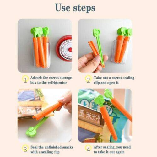 Use steps

1. Adsorb the carrot storage box to the refrigerator
2. Take out a carrot sealing clip and open it
3. Seal the unfinished snacks with a sealing clip
4. After sealing, you need to take it out again