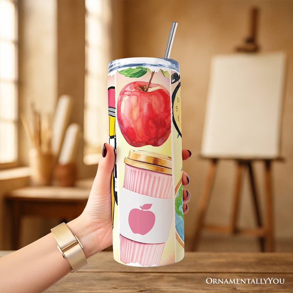 Left. OrnamentallyYou - Coquette Pink Teacher 20oz Tumbler With Stainless Steel Straw, Retro School Brushstrokes Gift Cup - Multicolored.