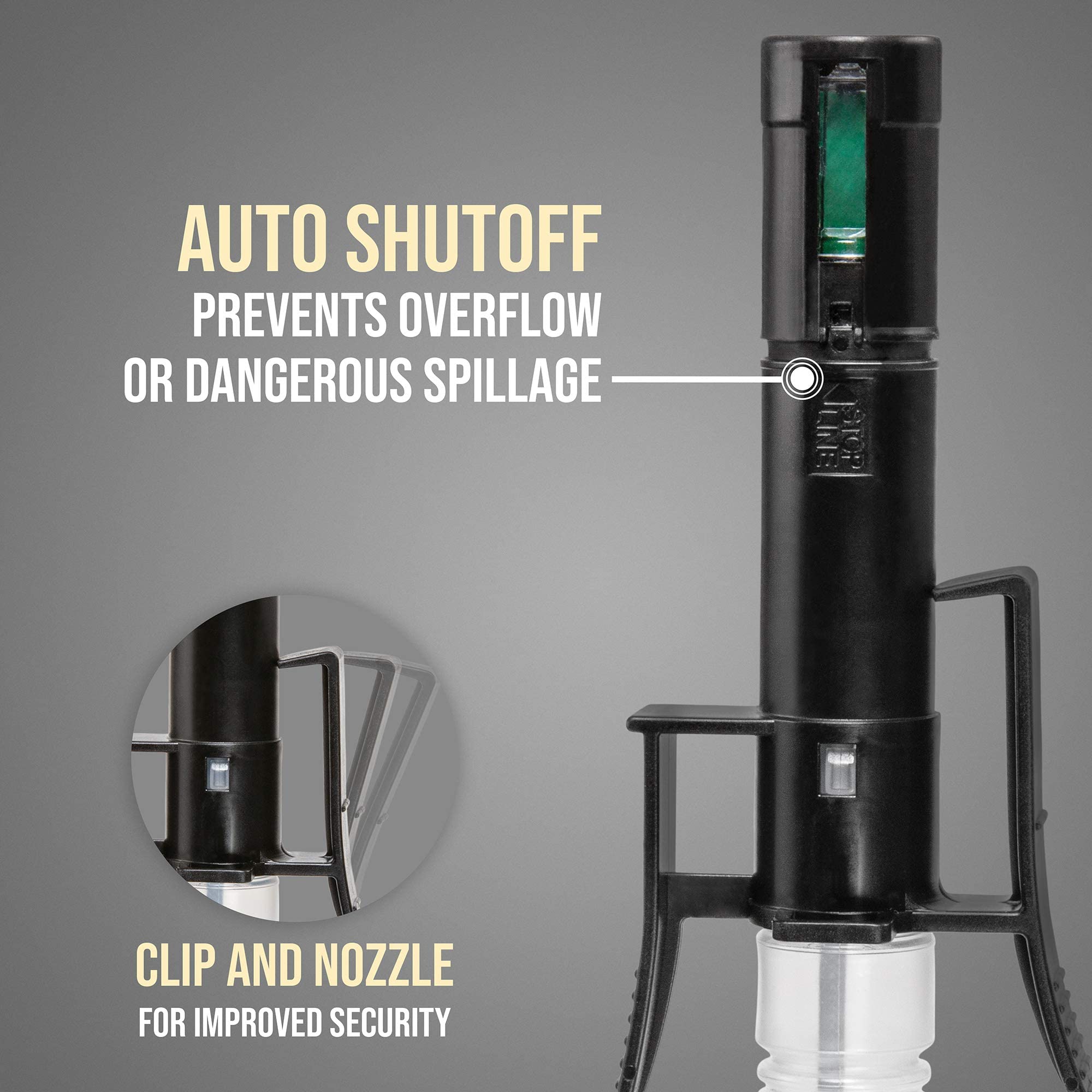 AUTO SHUTOFF PREVENTS OVERFLOW OR DANGEROUS SPILLAGE

CLIP AND NOZZLE FOR IMPROVED SECURITY