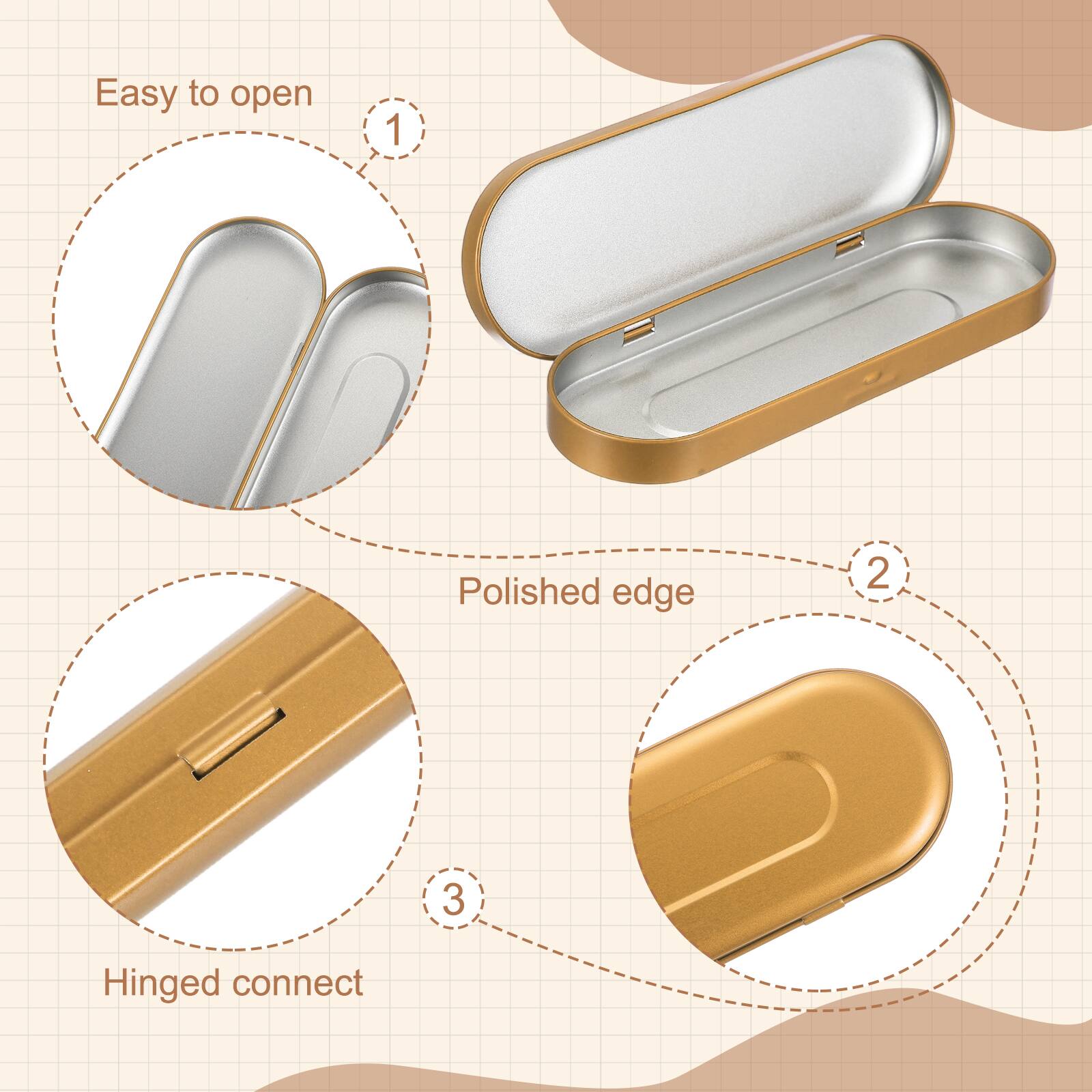 Easy to open  
1. Polished edge  
2. Hinged connect
