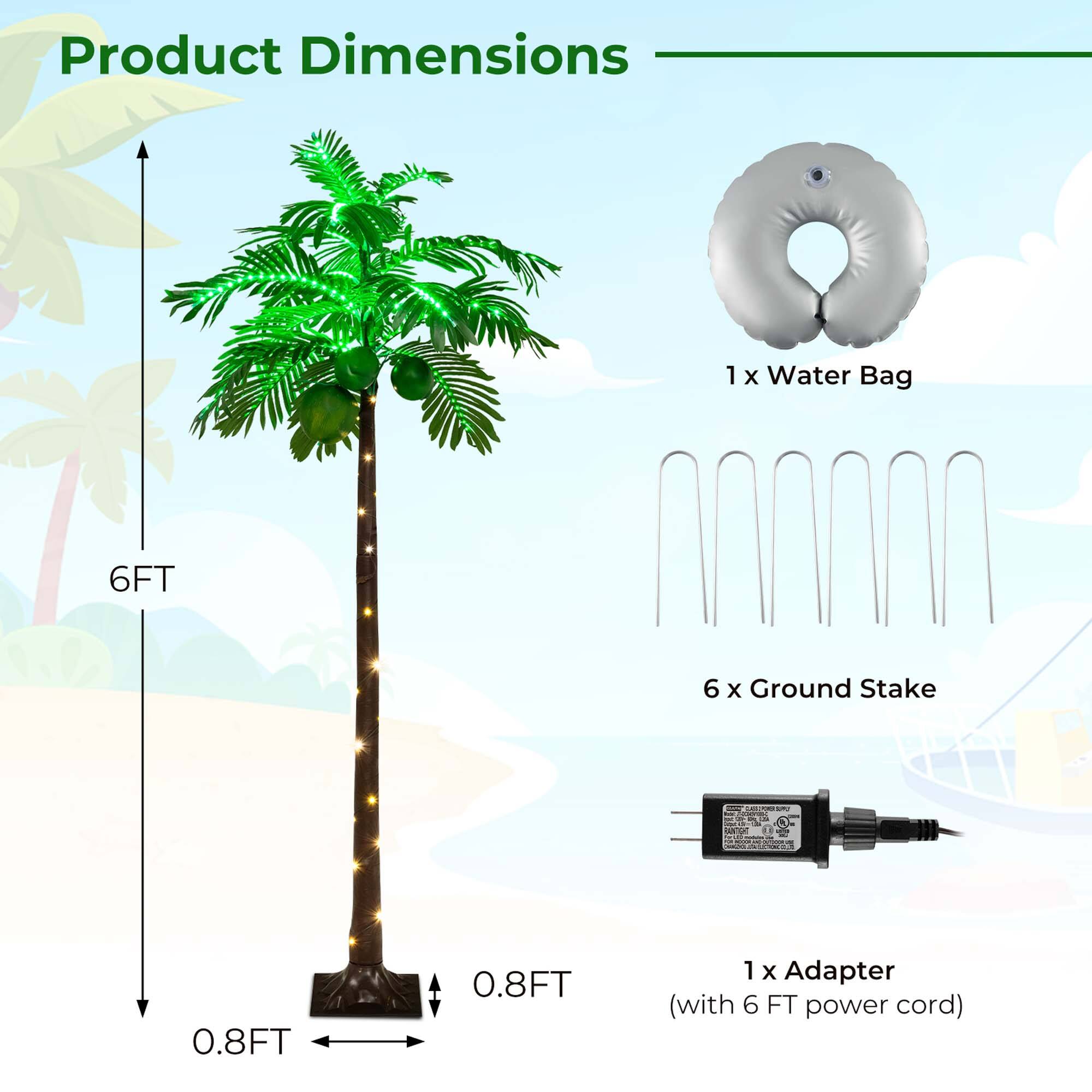 Product Dimensions: 1 x Water Bag (1.0 FT), 6 x Ground Stake (0.8 FT), 1 x Adapter (with 6 FT power cord).
