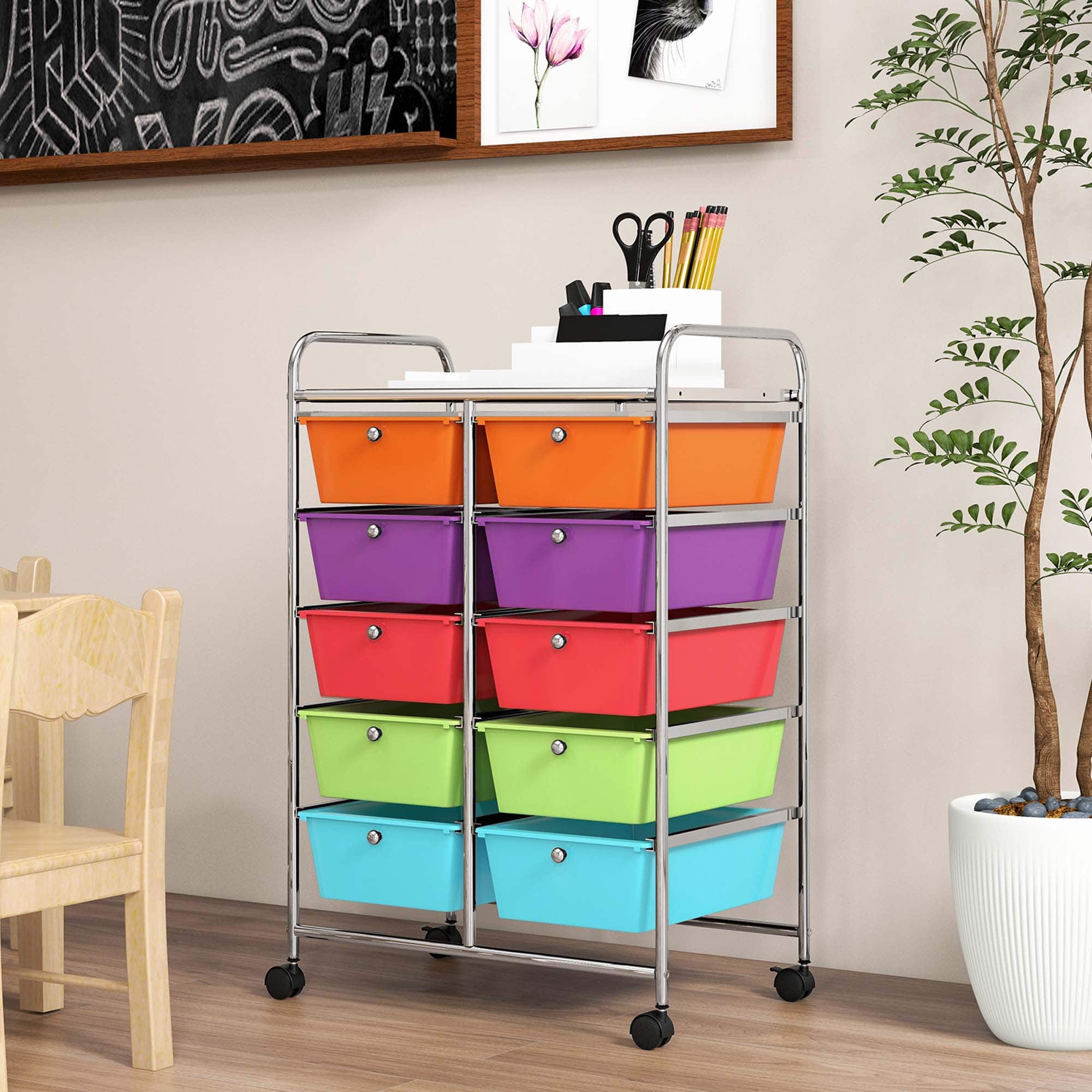 Alt View 8. Costway - 10 Drawer Storage Cart Utility Rolling Trolley Kitchen Office Organizer - Multicolor.