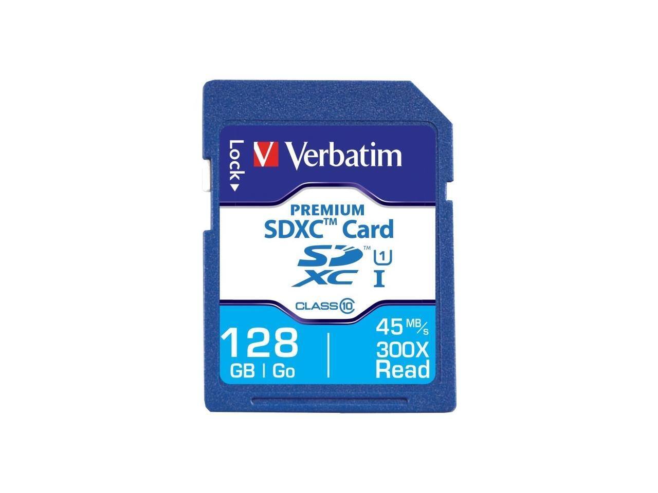 Lock V Verbatim PREMIUM SDXC™ Card SDXC™ I CLASS 10 U1 45 MB/S 128 GB 300X Read