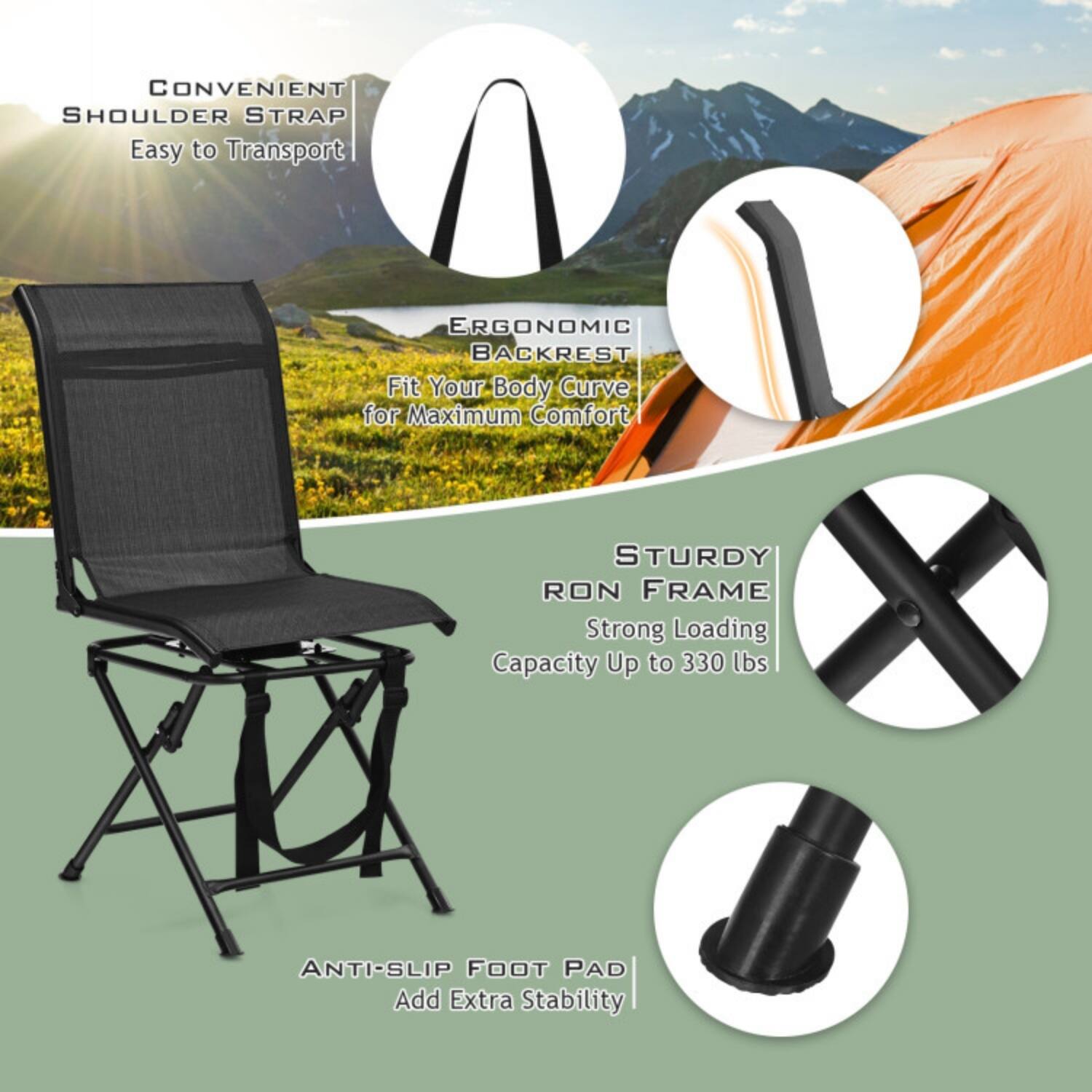 - CONVENIENT SHOULDER STRAP
  - Easy to Transport

- ERGONOMIC BACKREST
  - Fit Your Body Curve for Maximum Comfort

- STURDY RON FRAME
  - Strong Loading Capacity Up to 330 lbs

- ANTI-SLIP FOOT PAD
  - Add Extra Stability