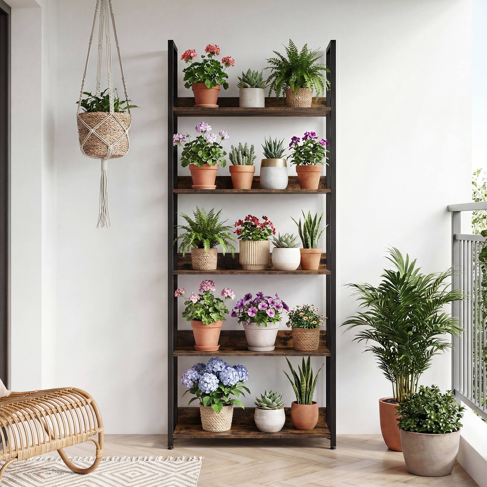 Alt View 4. Costway - Costway 5-Tier Bookshelf, Tall Wooden Open Bookcase with Back Panels and Metal Frame - Rustic Brown + Black.