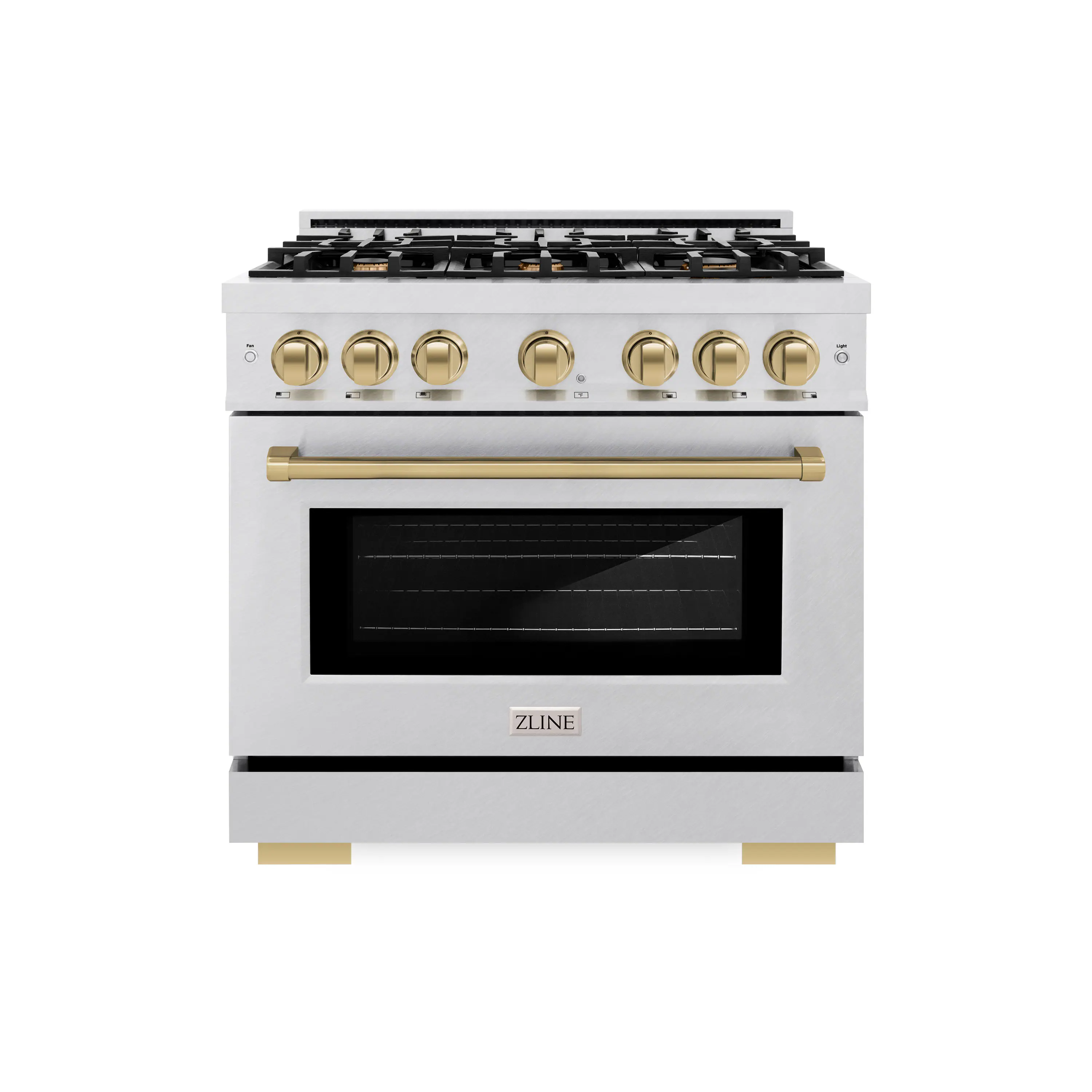 Angle. ZLINE - ZLINE Autograph 36 in. 5.2 cu. ft. Freestanding Select Satin Steel Gas Range w/ 6 Burners & Bronze Accents - Satin Stainless Steel.