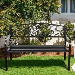 Mondawe - 50in Freestanding Steel Frame Bench w/ Cast Iron Backrest, Outdoor Park Patio Porch Bench for 2 - Black