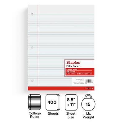 Staples Filler Paper  
400 Sheets  
College Ruled  
8.5" x 11"  
15 Lb. Weight  
$12.75