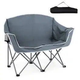 Costway - Double Duo Camping Chair with Armrests Cup Holders Carry Bag Heavy Duty Lawn Chair - Gray
