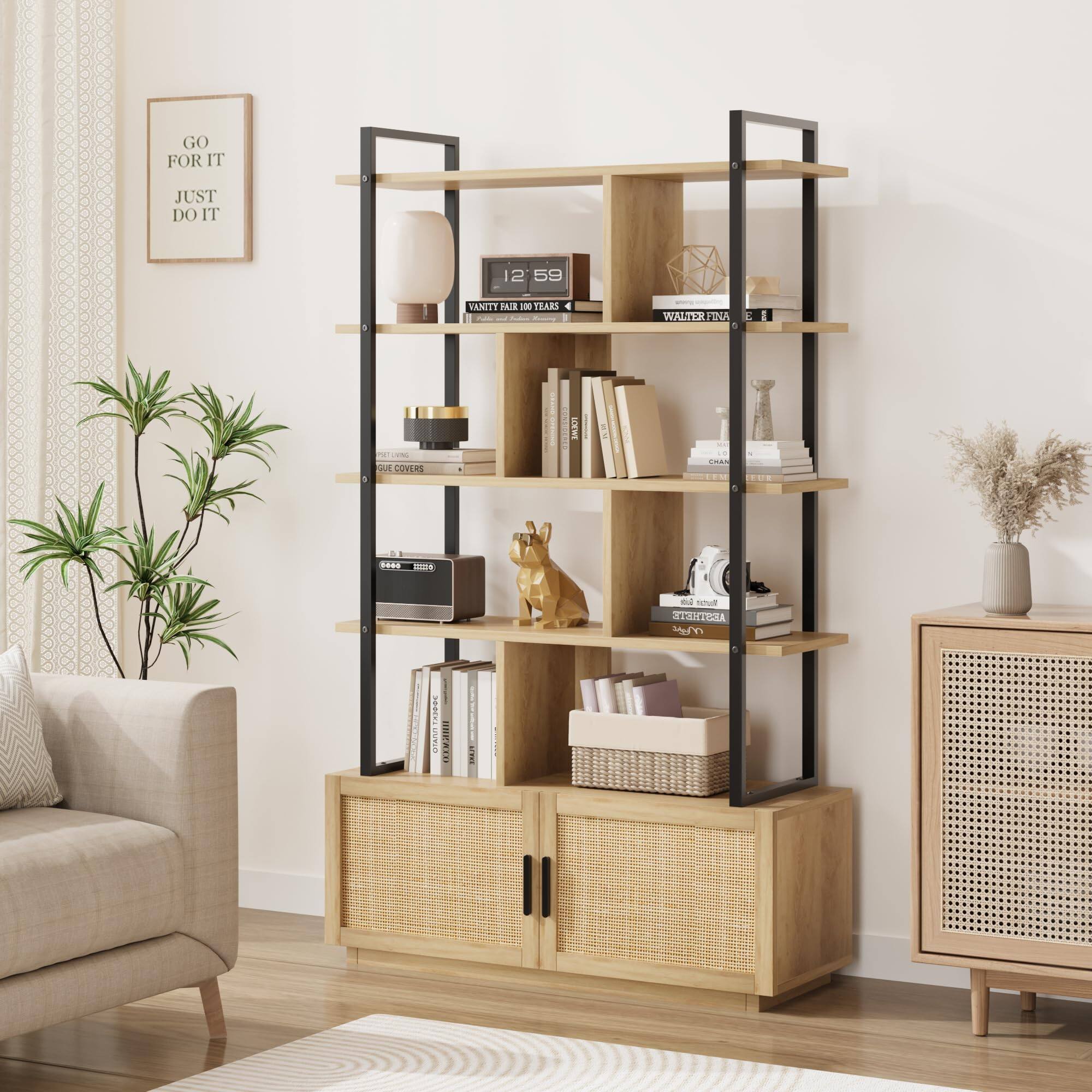 Jojoka - 5-Tier Rattan Bookshelf with Storage Cabinet, 71" Industrial Wood & Metal Bookcase with Doors and Open Shelves - Oak