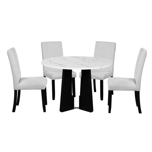 Alt View 3. LUCKY ONE - 5-Piece Modern Dining Set with 43.3" Round Dining Table and 4 Upholstered Chairs - Beige+White.