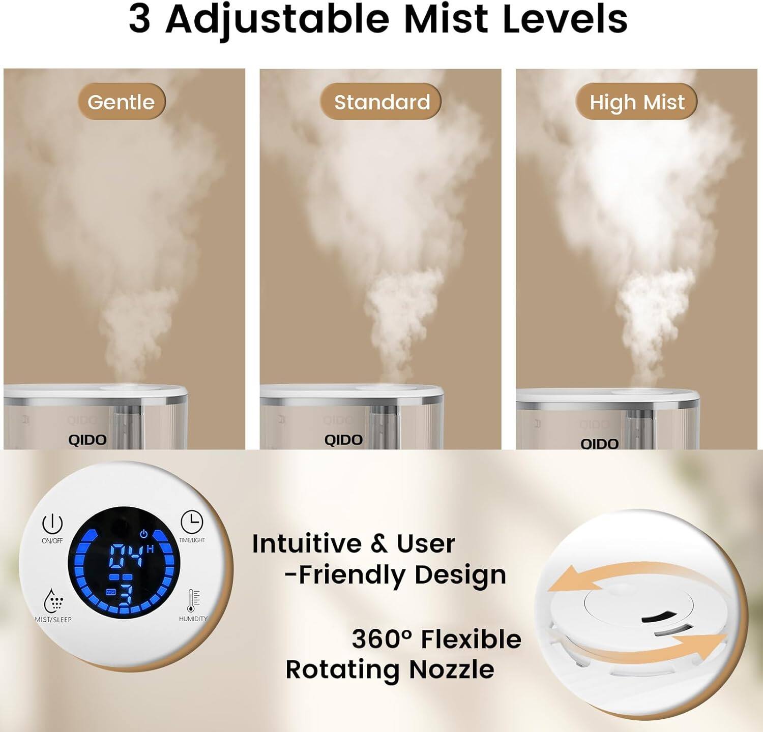 3 Adjustable Mist Levels: Gentle, Standard, High Mist

QIDO

Intuitive & User-Friendly Design

MIST/SLEEP HUMIDITY

360° Flexible Rotating Nozzle