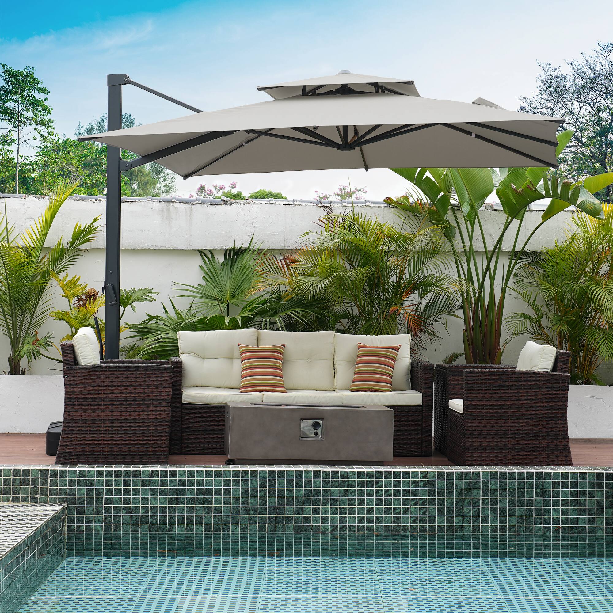 Left. Mondawe - 10x10ft Double Top Patio Cantilever Umbrella Square with Detachable LED Light Strip - Grey.