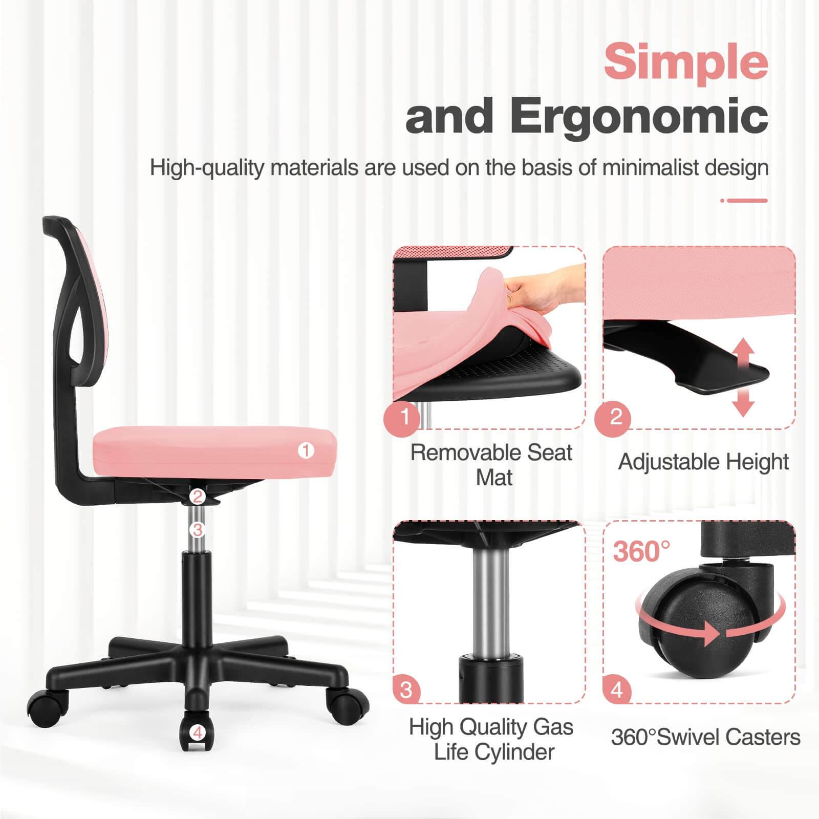Simple and Ergonomic

High-quality materials are used on the basis of minimalist design

1. Removable Seat Mat
2. Adjustable Height
3. High Quality Gas Life Cylinder
4. 360° Swivel Casters