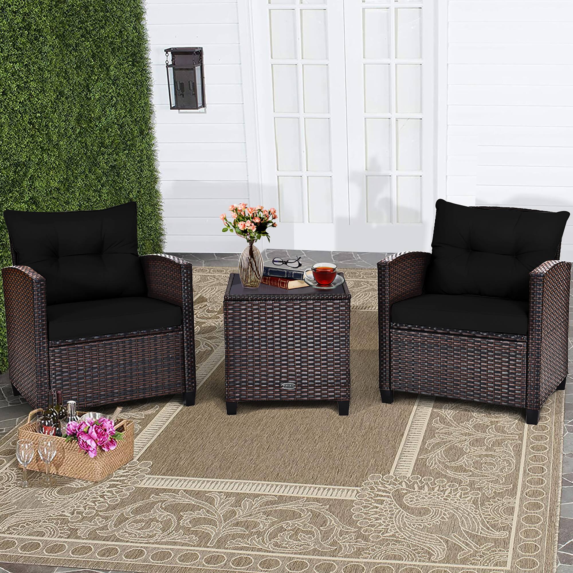 Alt View 9. Costway - 3PCS Patio Rattan Furniture Set Cushion Conversation Set Sofa Coffee Table - Black.