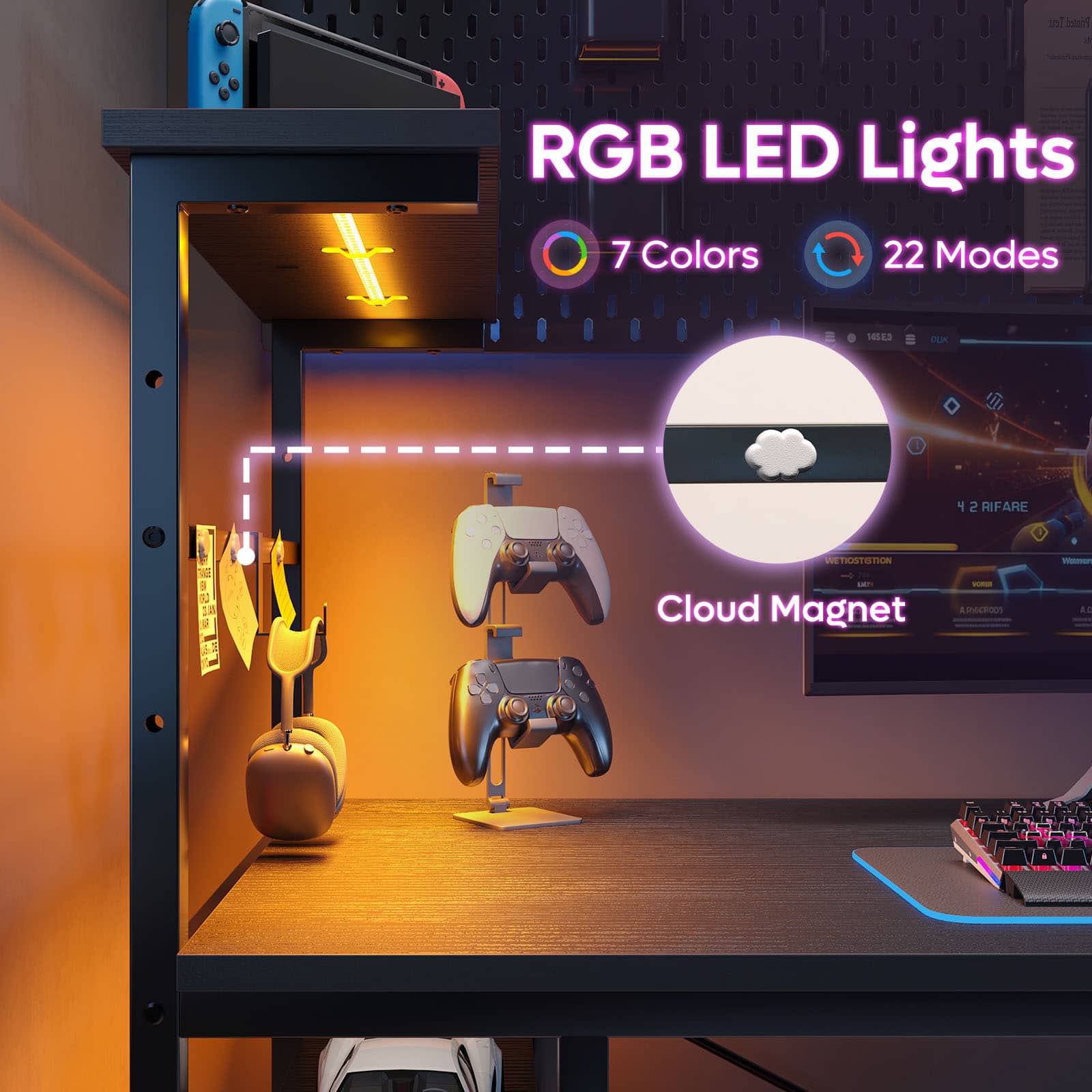 RGB LED Lights: 7 Colors, 22 Modes.