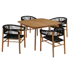 Modway - Vienna 5-Piece Outdoor Teak and Rope Dining Set with Curved-Back Armchairs - Natural Black