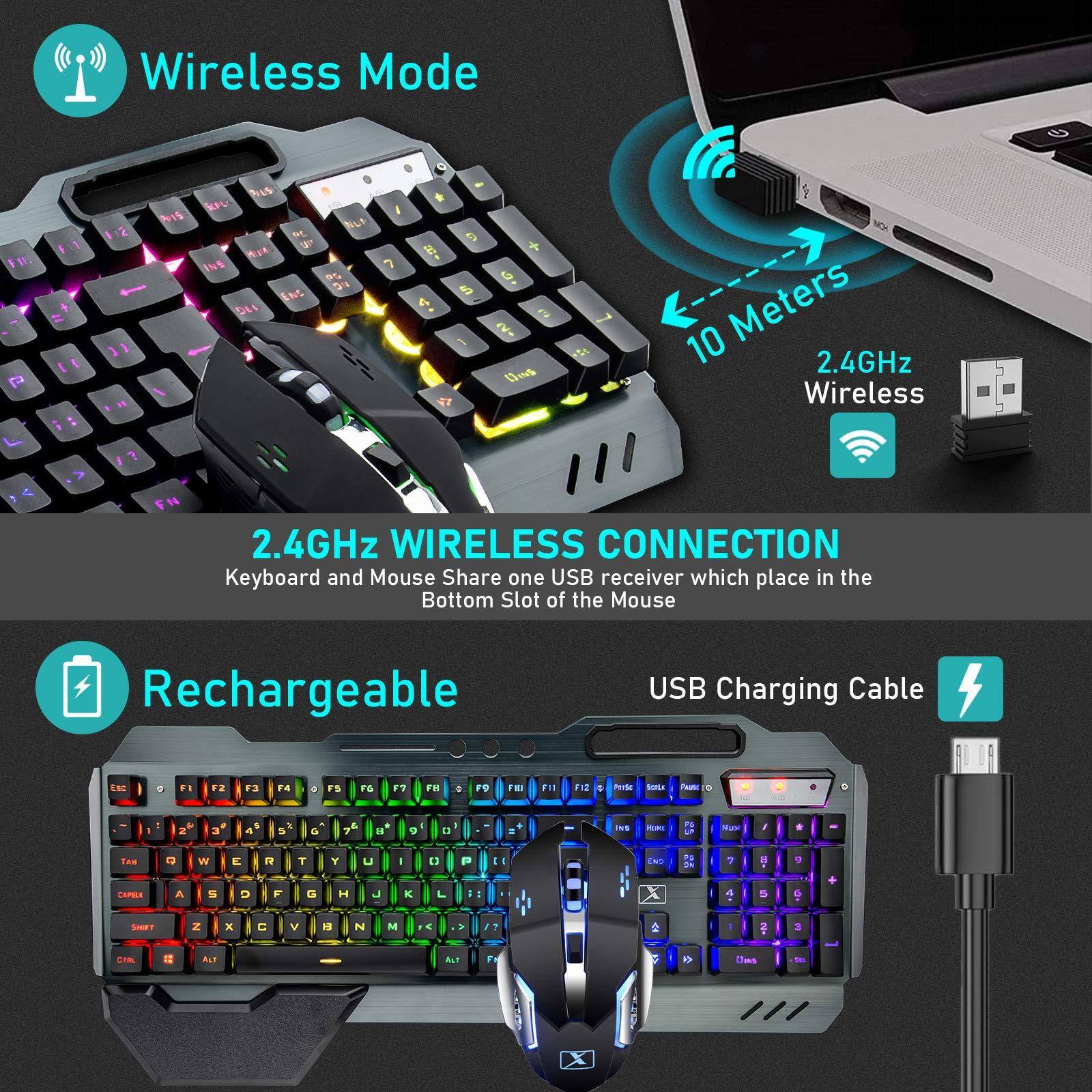 Wireless Mode

2.4GHz Wireless Connection
Keyboard and Mouse Share one USB receiver which place in the Bottom Slot of the Mouse

10 Meters
2.4GHz Wireless

Rechargeable

USB Charging Cable