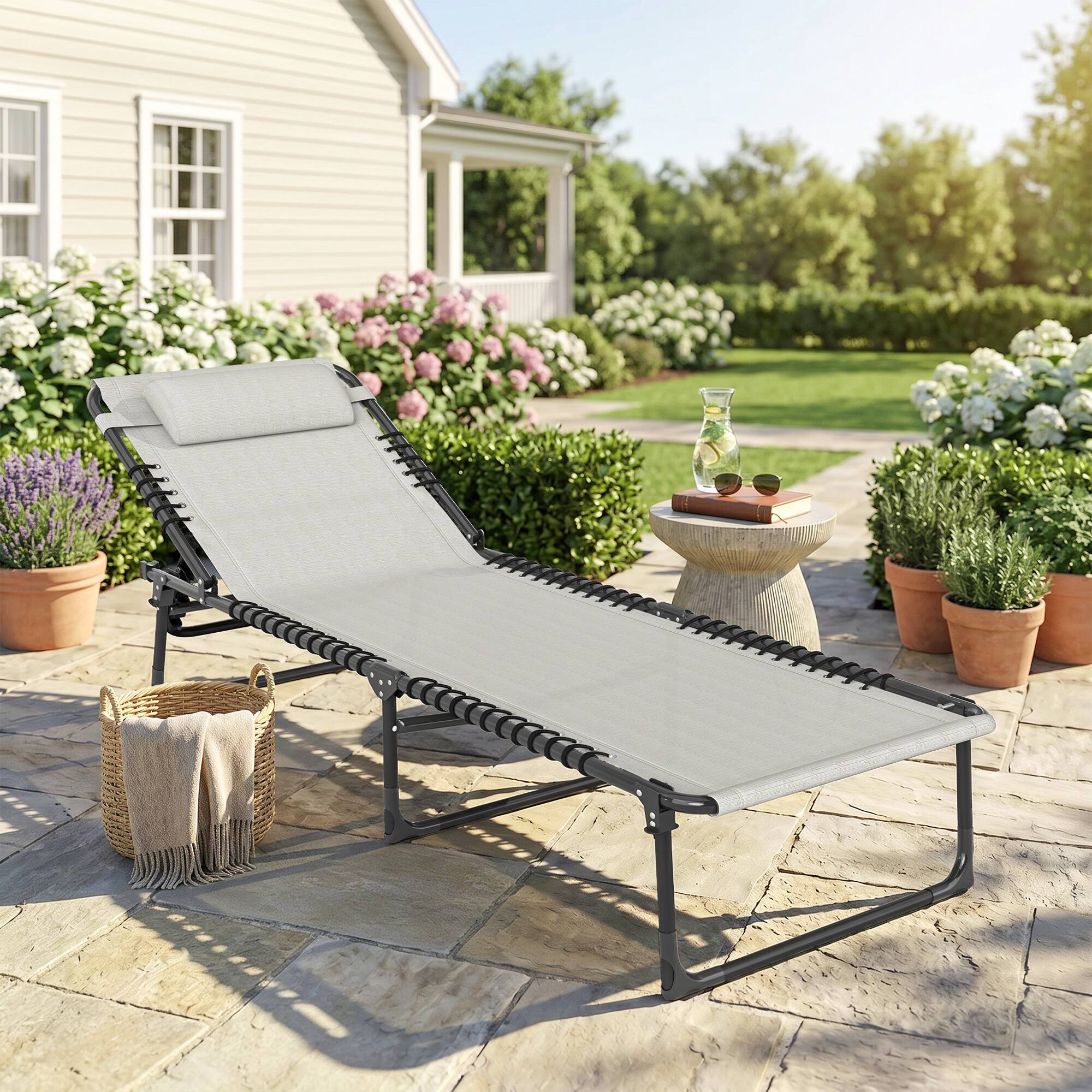 Alt View 1. Outsunny - Chaise Lounge Pool Chair with 4-Position Reclining Back, Pillow, Breathable Mesh & Bungee Seat - Cream White.