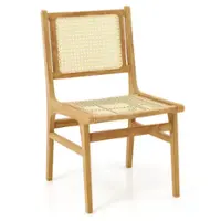 Costway 1 PCS Rattan Dining Chair with Cane Woven Backrest & Seat & Teak Wood Frame - Natural - Front_Zoom