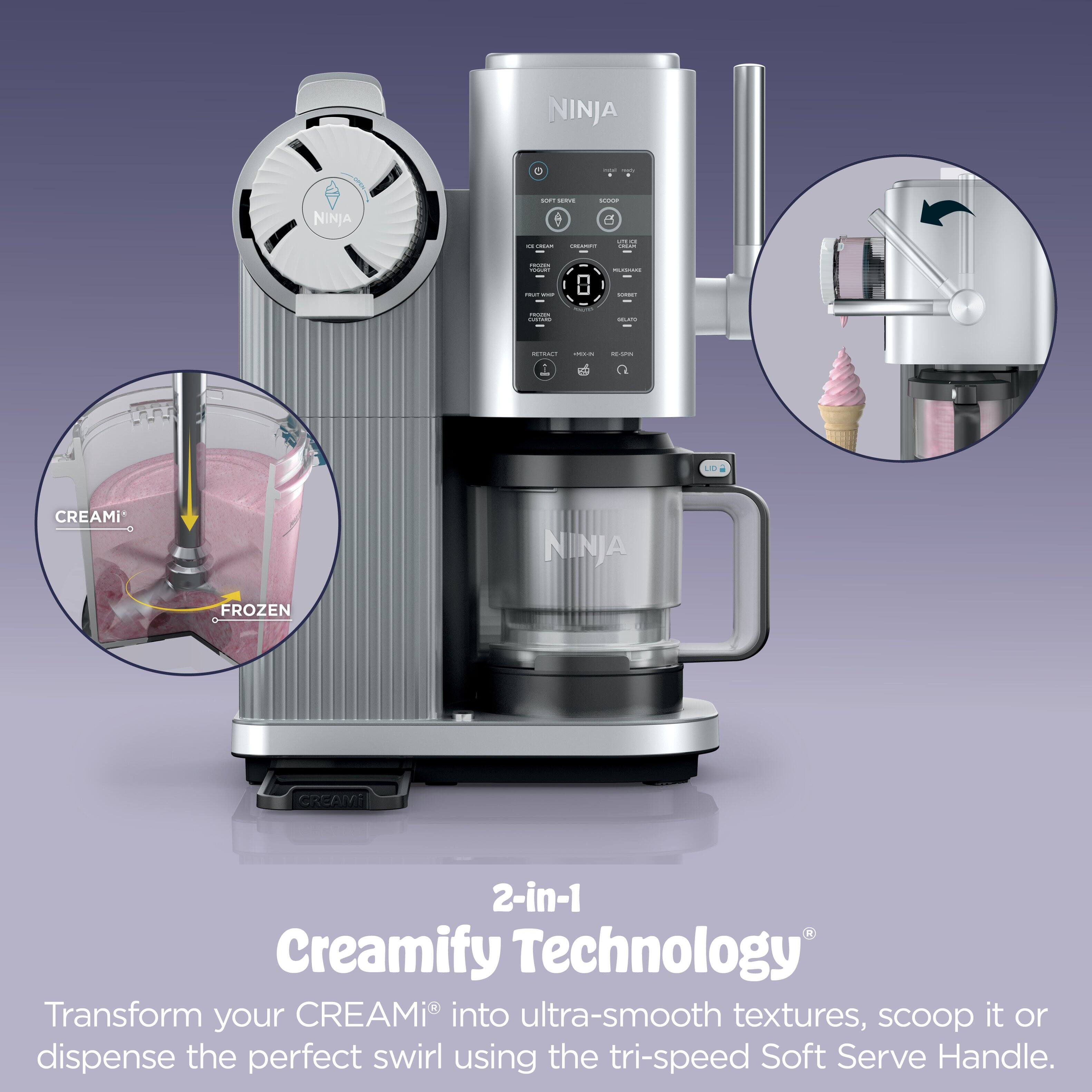 NINJA: NINJA

NINJA FROZEN CREAM 2-in-1 Creamify Technology

Transform your CREAMi into ultra-smooth textures, scoop it or dispense the perfect swirl using the tri-speed Soft Serve Handle.