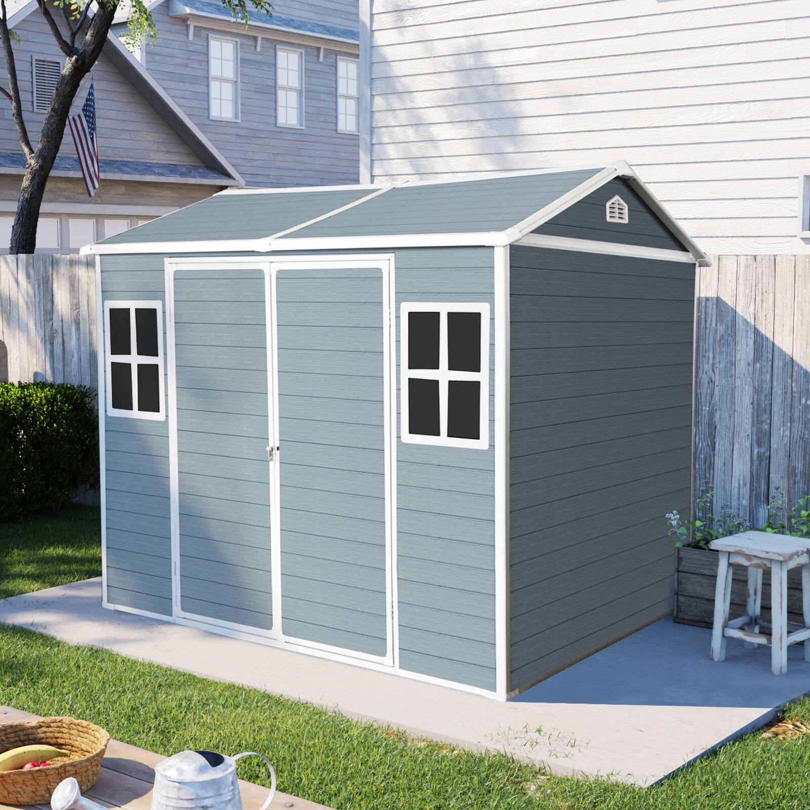 Angle. Mondawe - 8 x 6 ft Resin Outdoor Storage Shed with Floor & Two Windows & Lockable Door - Grey.