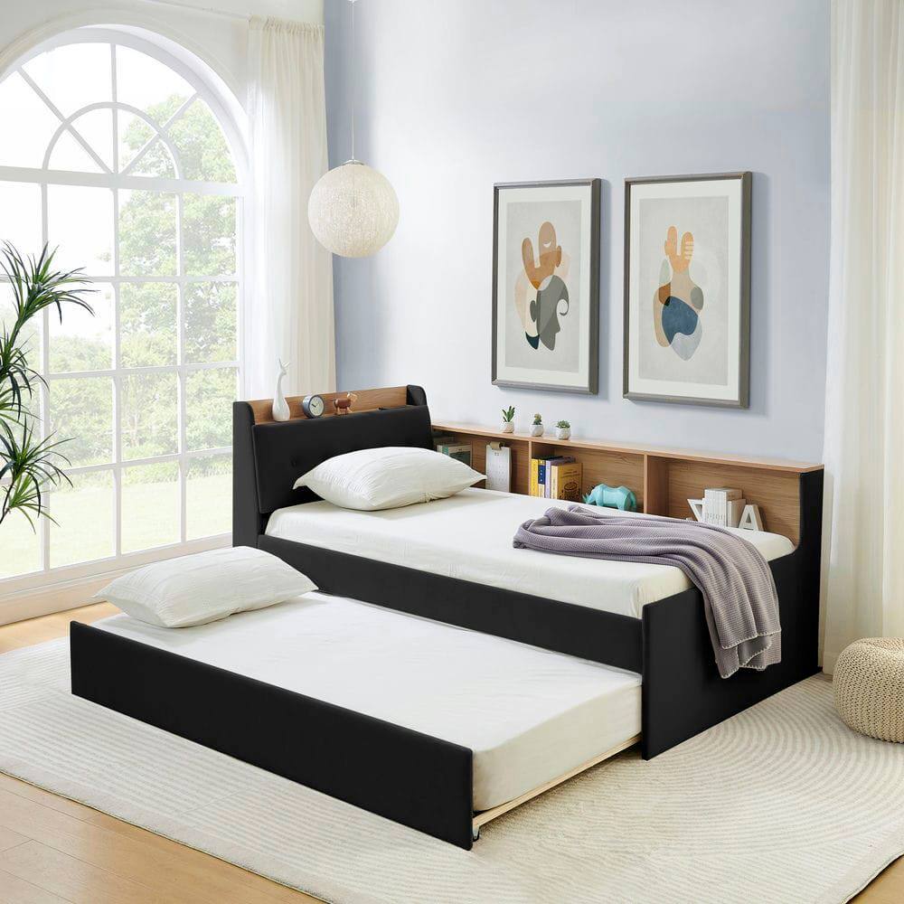 Alt View 2. Kadyn - Twin Size Upholstered Velvet Height Adjustable Daybed with Storage Headboard, Wireless Charging, Trundle & LED Lights - Black.