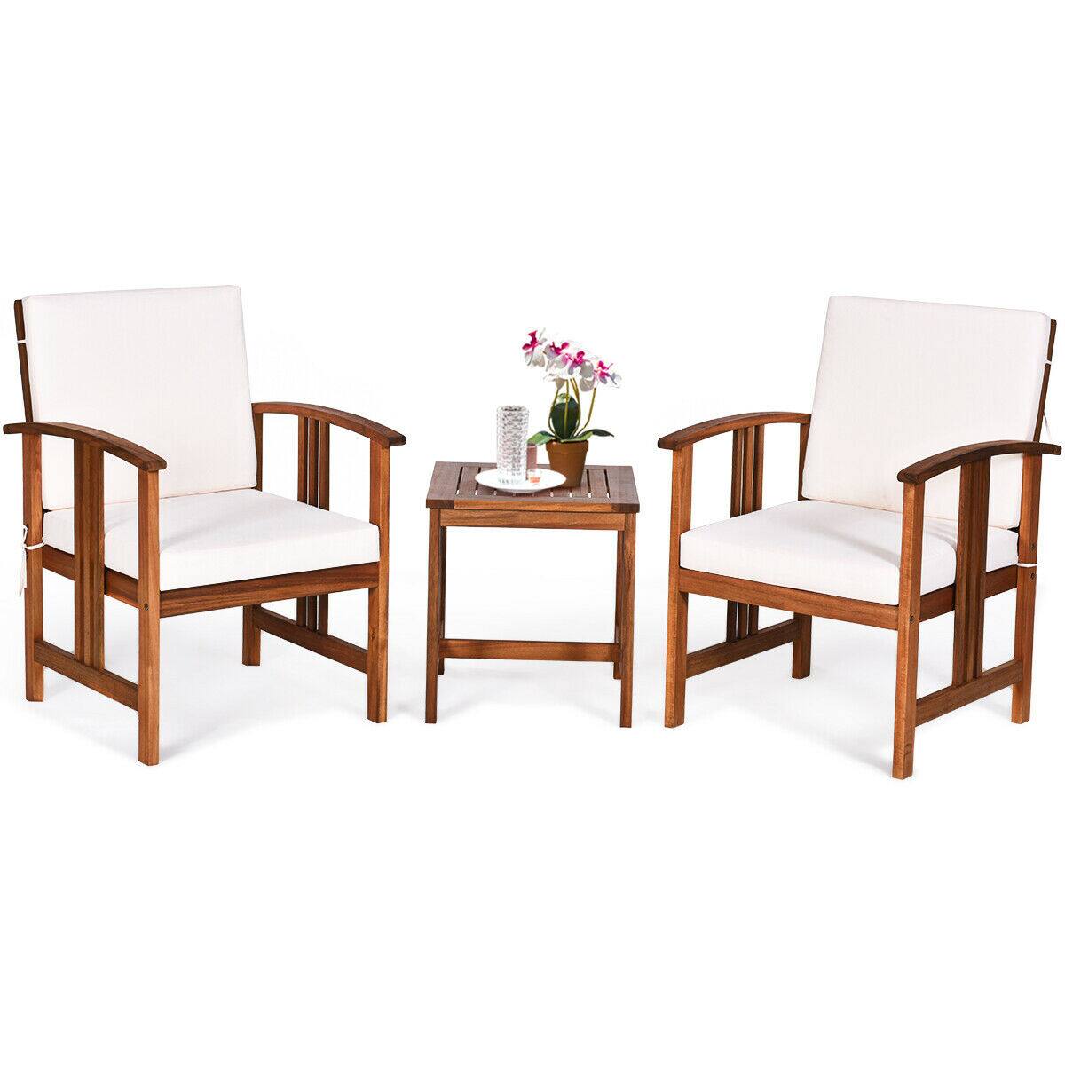 Back. SlickBlue - 3 Piece Solid Wood Patio Furniture Set, Outdoor Sofa with Cushions - White.