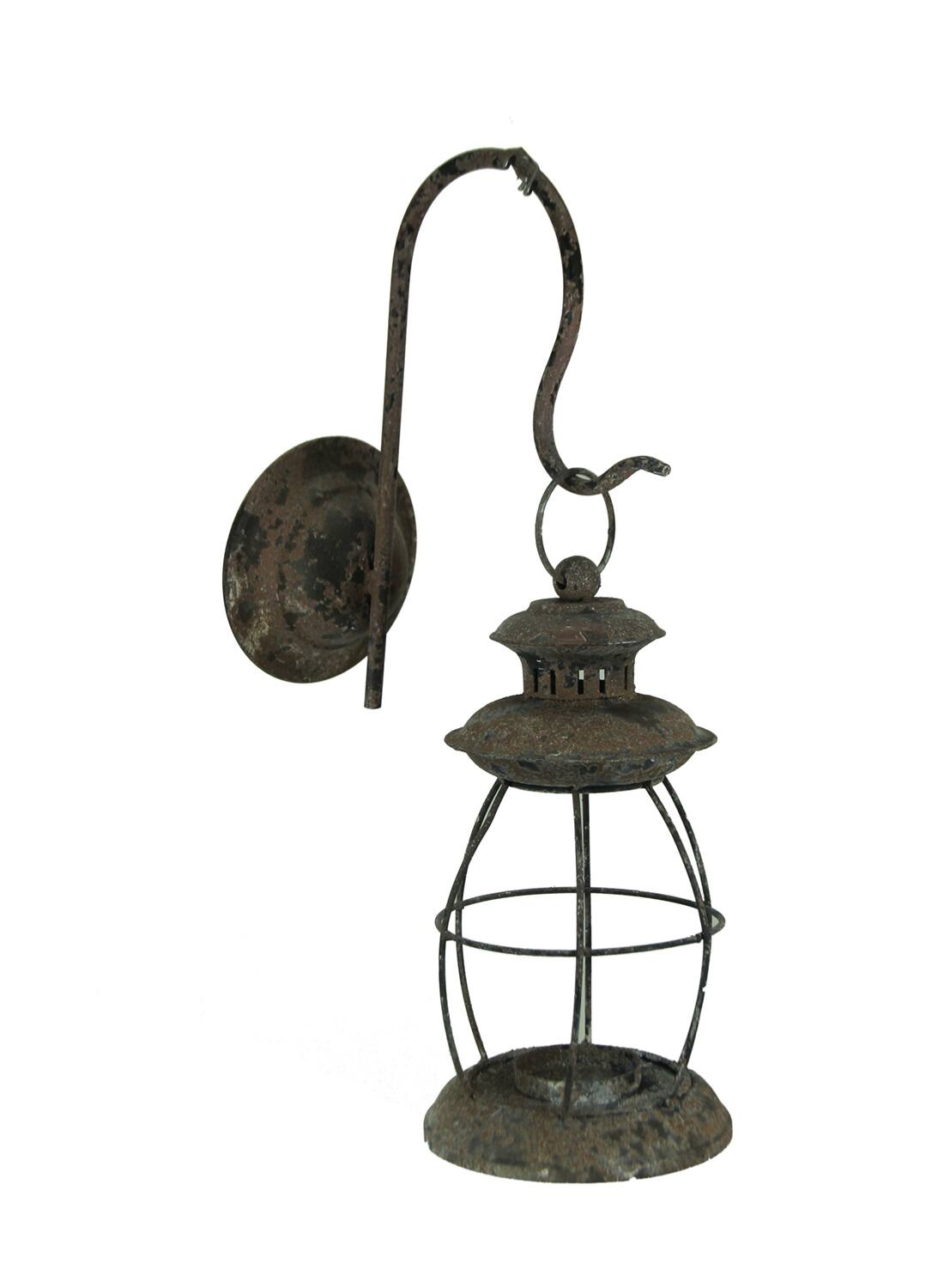 Zeckos - Distressed Metal Vintage Lantern Wall Mounted Candle Sconce - Black