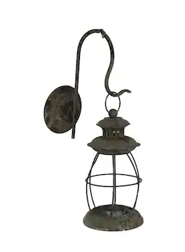 Zeckos - Distressed Metal Vintage Lantern Wall Mounted Candle Sconce - Black