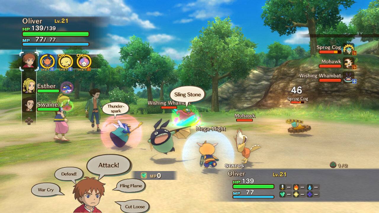 Oliver Lv.21  
HP 139/139  
MP 77/77  

Lv.21  
Esther Lv.2  
Swaine Lv.2  

Thunder-spark  
Sling Stone  
Wishing Whamp  
Mohawk  
Sprog Cog  
Wishing Whambat  

46  
Sprog Cog  
Mohawk  

Mega-Might  
War Cry  
Defend!  
Attack!  
Fling Flame  
Cut Loose  

STATUS  
Oliver  
Lv.21  
HP 139  
MP 77