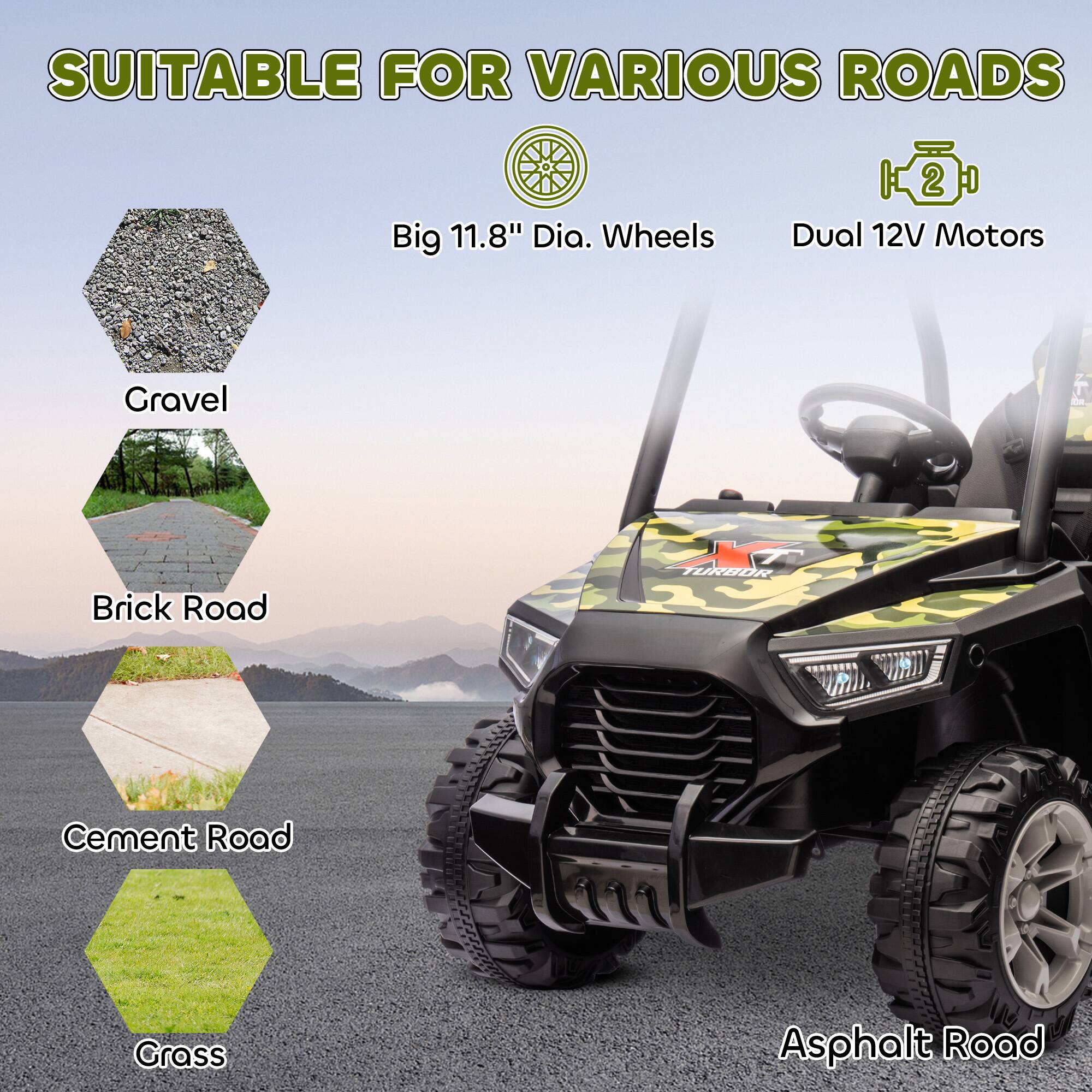 SUITABLE FOR VARIOUS ROADS

Big 11.8" Dia. Wheels  
Dual 12V Motors

Gravel  
Brick Road  
Cement Road  
Grass  
Asphalt Road