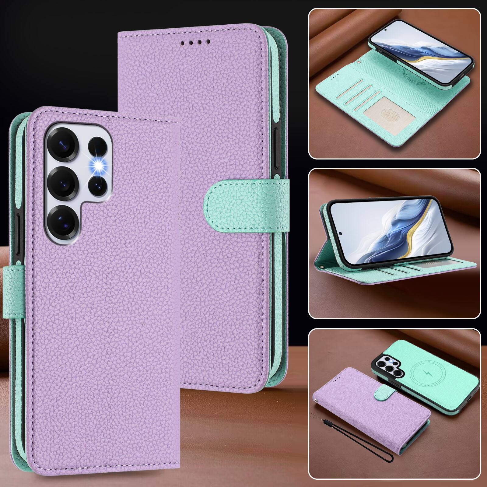 The image shows a phone case with the following features:

1. **Color and Design**: The case is primarily purple with a textured pattern and has a mint green border and strap.
2. **Camera Cutout**: It has a cutout for the phone's camera and flash.
3. **Stand Functionality**: The case can be folded to stand the phone upright.
4. **Card Slots**: There are card slots inside the case.
5. **Wireless Charging**: The case supports wireless charging, as indicated by the wireless charging pad visible in one of the images.
6. **Compact Design**: The case can be folded and secured with a strap for easy carrying.