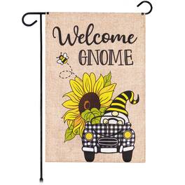 G128 - Printed Burlap Polyester Garden Flag, 12 x 18 in — Welcome Gnome Sunflower Car - Assorted Colors